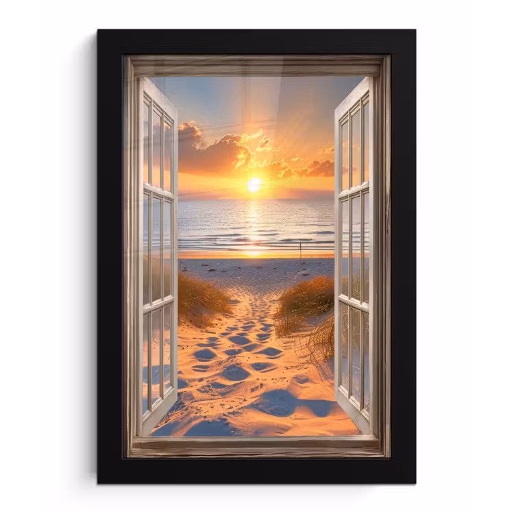 Doorkijk - Strand - Duinen - Zonsondergang fotolijst zwart zonder passe partout klein -3d