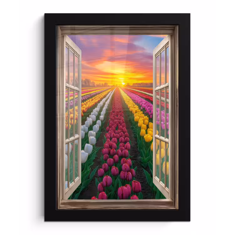 Doorkijk - Bloemen - Tulpen - Kleurrijk - Zonsondergang fotolijst zwart zonder passe partout klein -3d