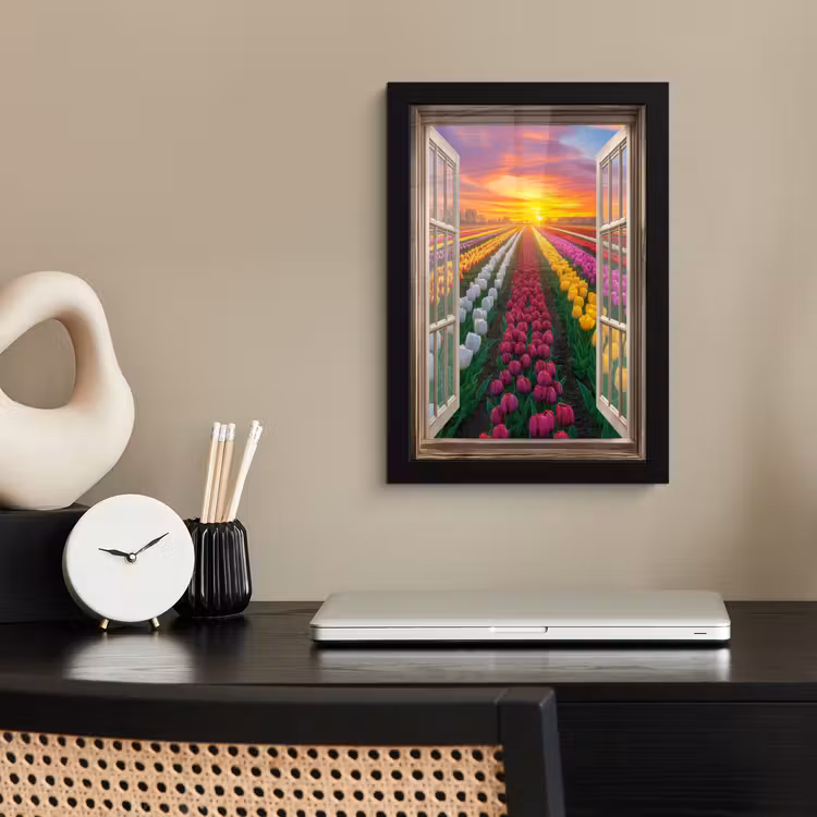 Doorkijk - Bloemen - Tulpen - Kleurrijk - Zonsondergang fotolijst zwart zonder passe partout klein -sfeer1