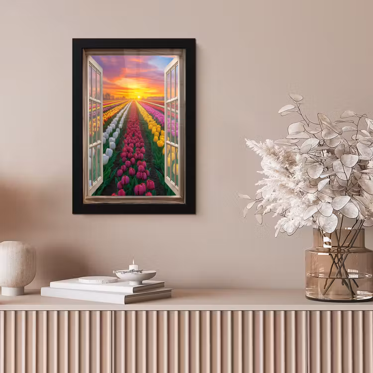 Doorkijk - Bloemen - Tulpen - Kleurrijk - Zonsondergang fotolijst zwart zonder passe partout klein -sfeer5