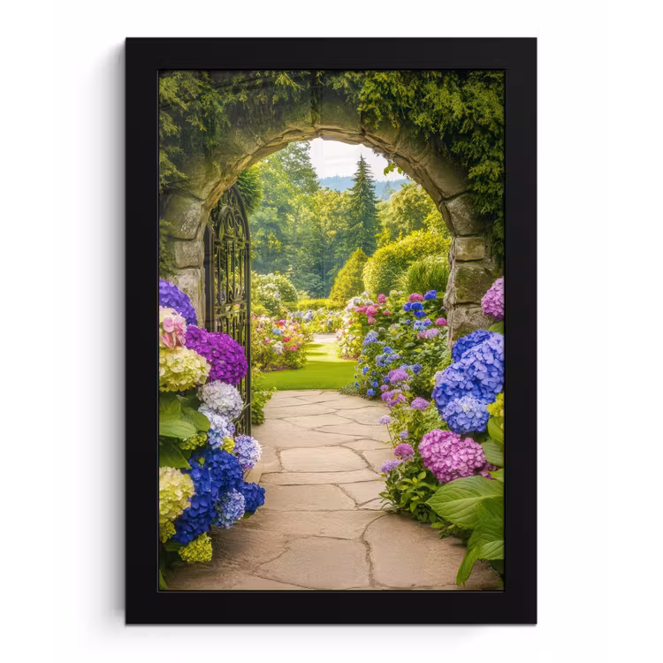 Doorkijk - Poort - Hortensia - Bloementuin fotolijst zwart zonder passe partout klein -3d