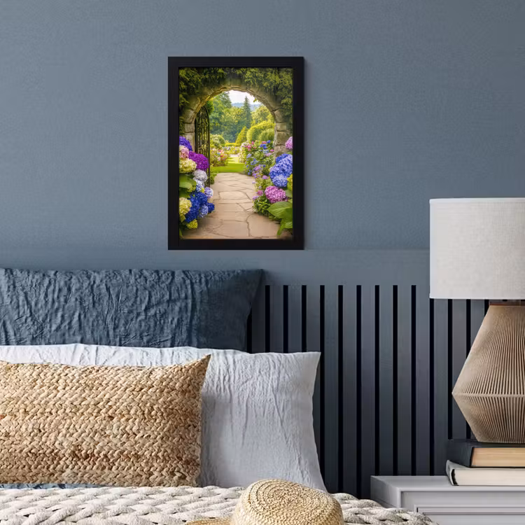 Doorkijk - Poort - Hortensia - Bloementuin fotolijst zwart zonder passe partout klein -sfeer3
