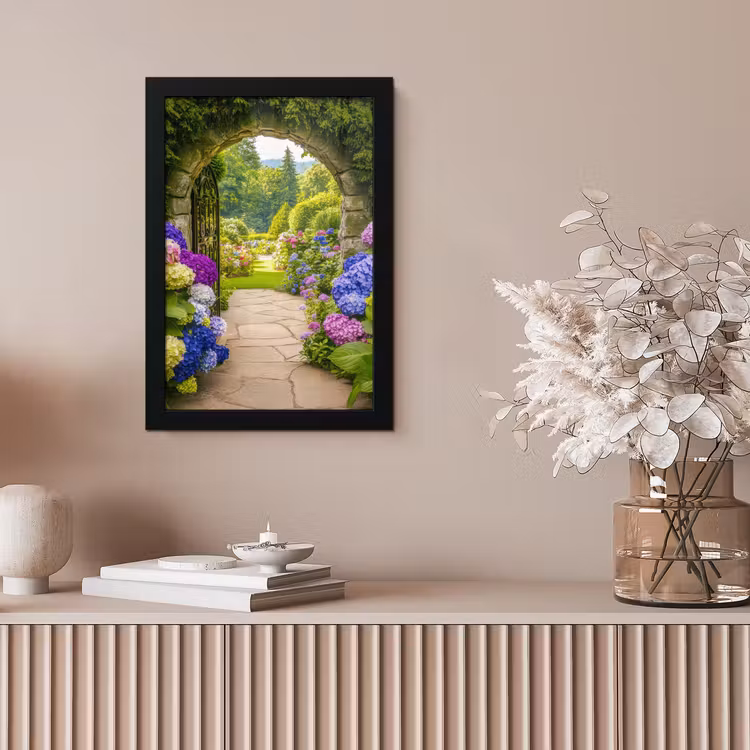 Doorkijk - Poort - Hortensia - Bloementuin fotolijst zwart zonder passe partout klein -sfeer5