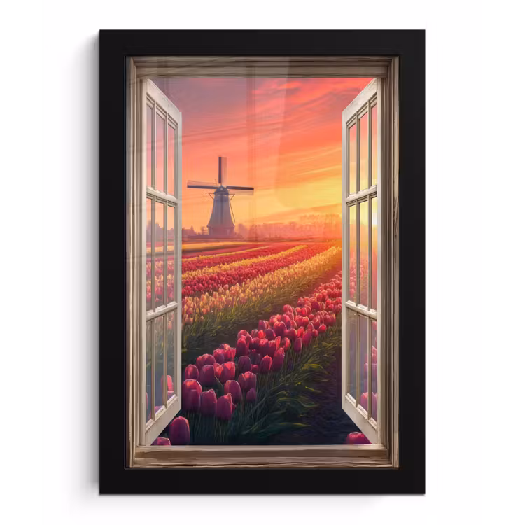 Doorkijk - Tulpen - Zonsondergang - Bloemen - Kleurrijk fotolijst zwart zonder passe partout klein -3d