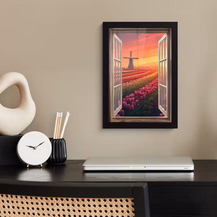 Doorkijk - Tulpen - Zonsondergang - Bloemen - Kleurrijk fotolijst zwart zonder passe partout klein -sfeer1