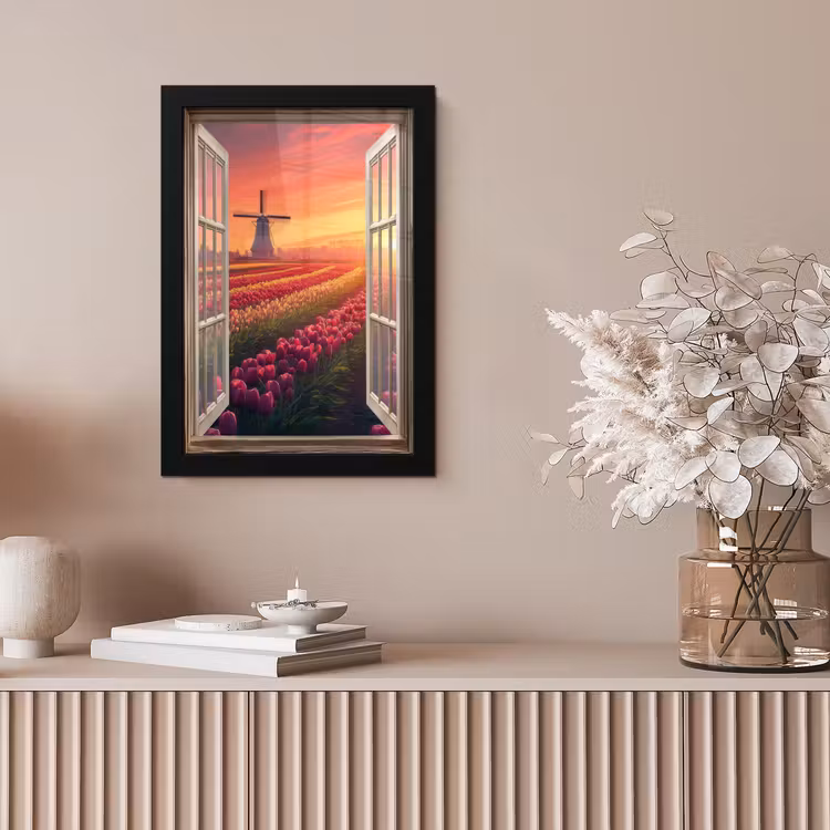 Doorkijk - Tulpen - Zonsondergang - Bloemen - Kleurrijk fotolijst zwart zonder passe partout klein -sfeer5