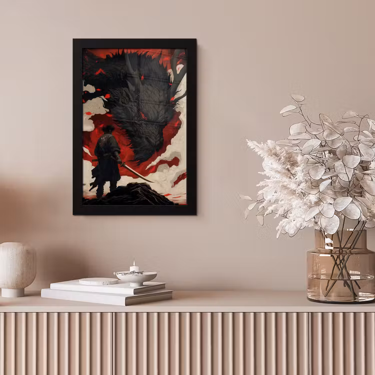 Krijger - Draak - Zwart - Rood - Rook fotolijst zwart zonder passe partout klein -sfeer5