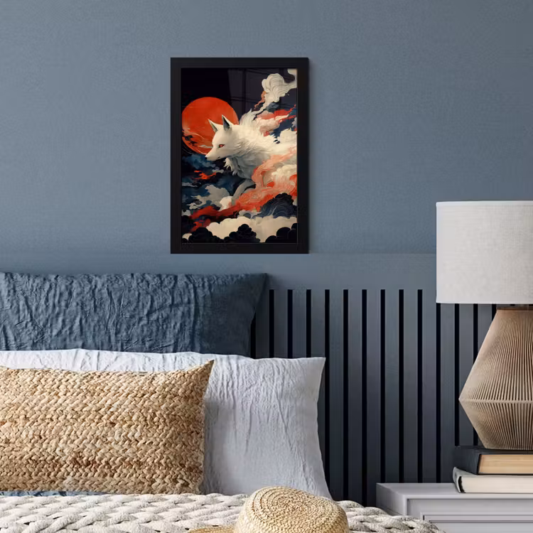 Witte vos - wolken - maan fotolijst zwart zonder passe partout klein -sfeer3