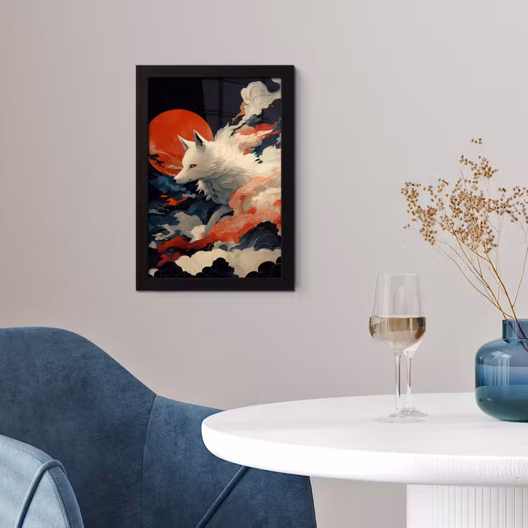 Witte vos - wolken - maan fotolijst zwart zonder passe partout klein -sfeer4