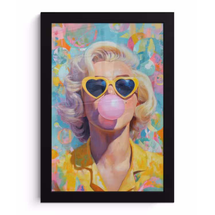 Vrouw - Blond - Roze kauwgom - Kleurrijk - Pastel fotolijst zwart zonder passe partout klein -3d