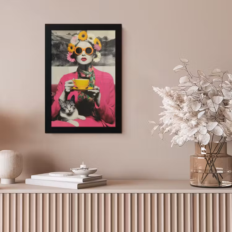Vrouw - Kat - Bloemen - Kopje - Retro fotolijst zwart zonder passe partout klein -sfeer5