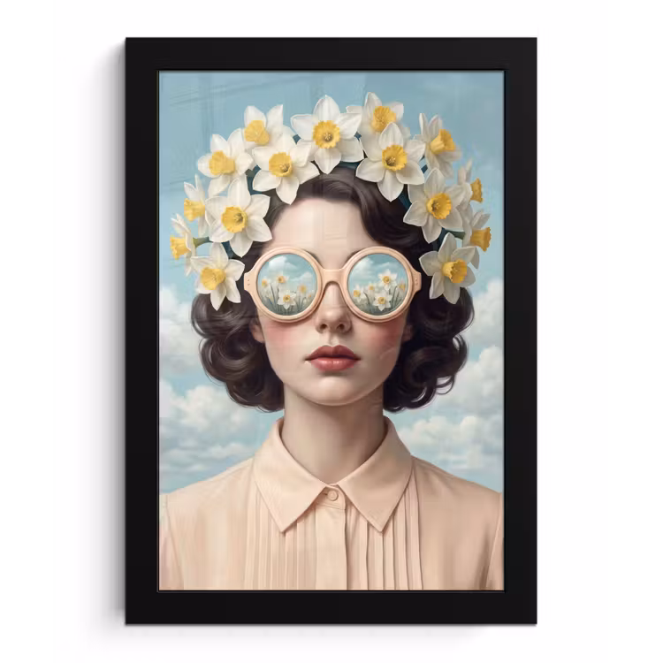 Vrouw - Narcissen - Geel fotolijst zwart zonder passe partout klein -3d