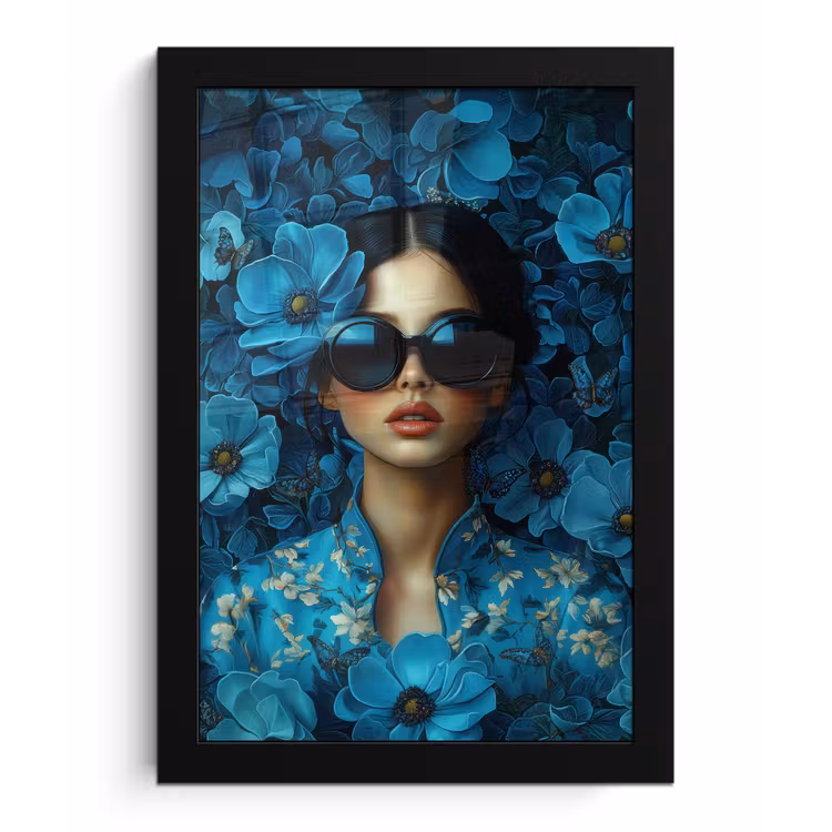 Vrouw - Bloemen - Blauw - Aesthetic - Luxe fotolijst zwart zonder passe partout klein -3d