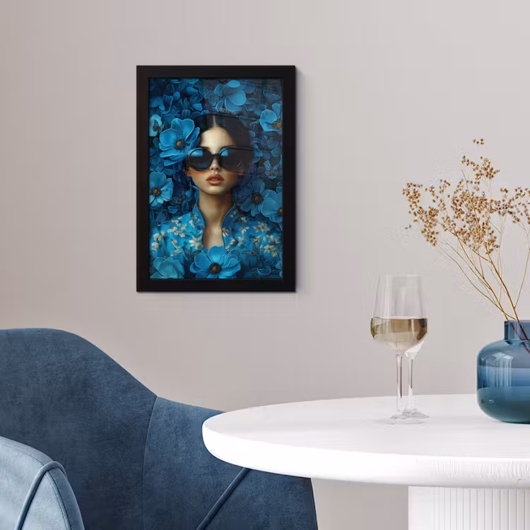 Vrouw - Bloemen - Blauw - Aesthetic - Luxe fotolijst zwart zonder passe partout klein -sfeer4