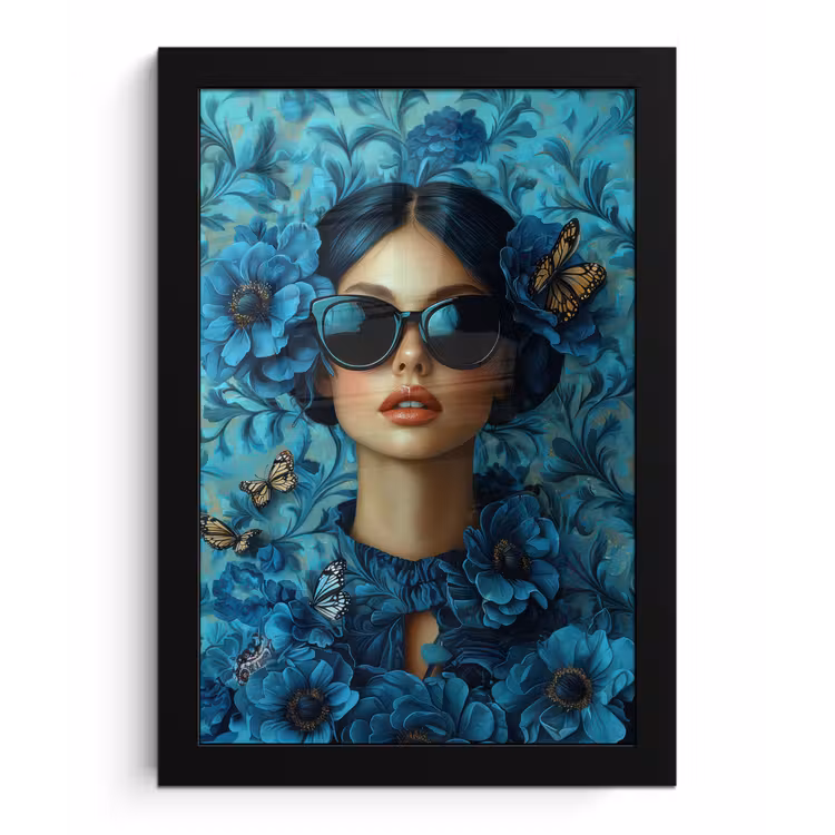 Vrouw - Bloemen - Vlinders - Blauw - Abstract fotolijst zwart zonder passe partout klein -3d