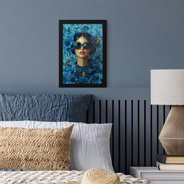 Vrouw - Bloemen - Vlinders - Blauw - Abstract fotolijst zwart zonder passe partout klein -sfeer3