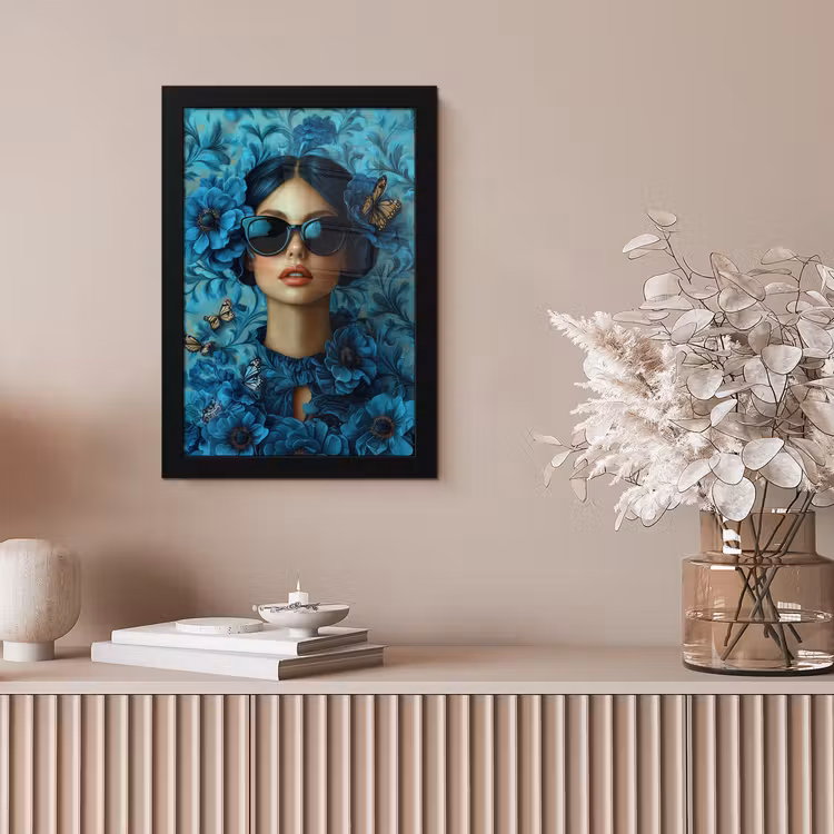 Vrouw - Bloemen - Vlinders - Blauw - Abstract fotolijst zwart zonder passe partout klein -sfeer5