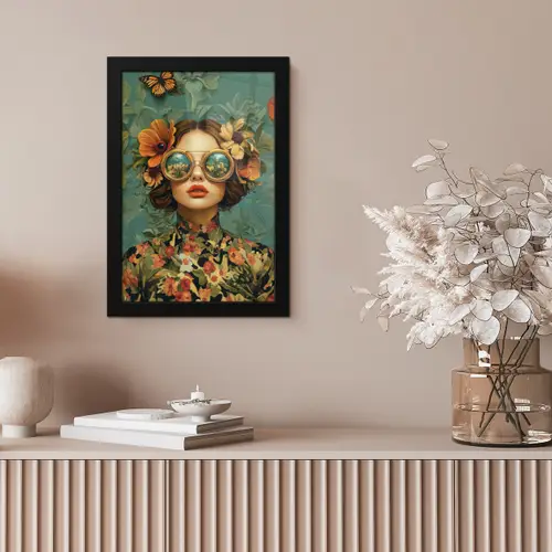 Vrouw - Bloemen - Vlinders - Natuur - Vintage fotolijst zwart zonder passe partout klein -sfeer5