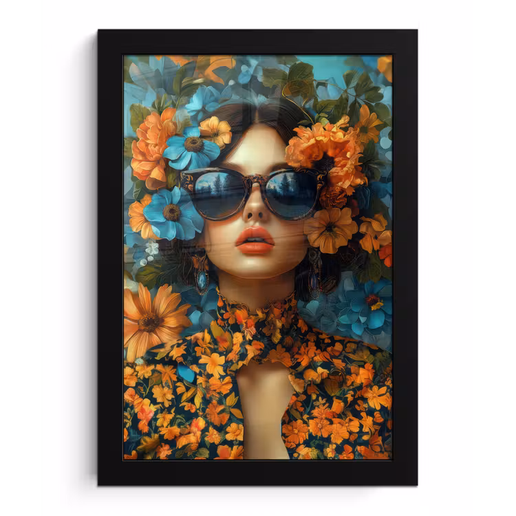 Vrouw - Bloemen - Oranje - Blauw - Modern fotolijst zwart zonder passe partout klein -3d
