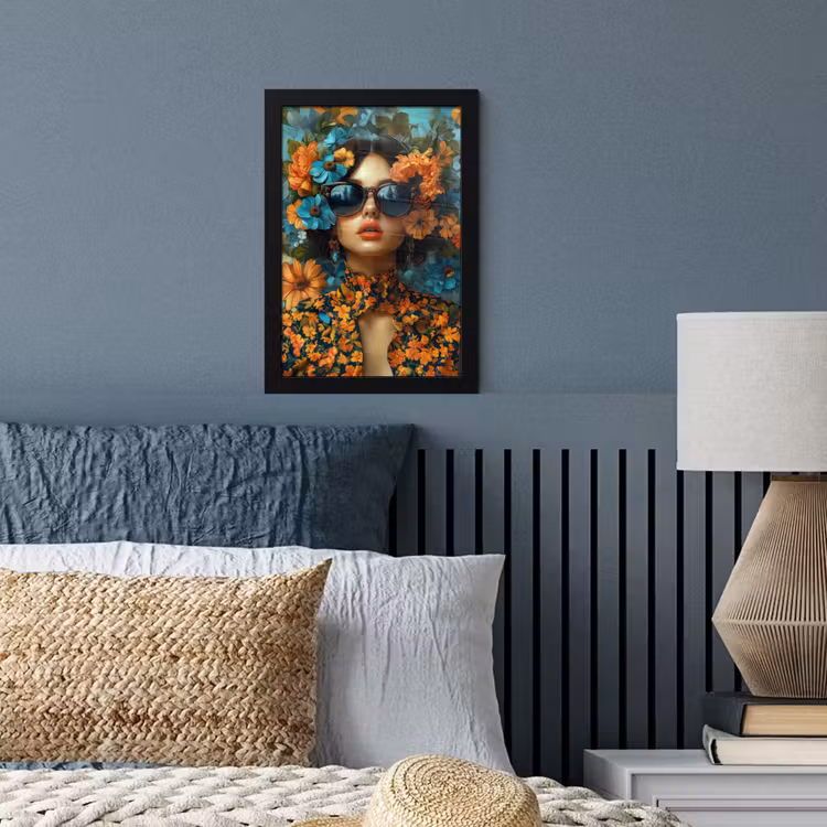 Vrouw - Bloemen - Oranje - Blauw - Modern fotolijst zwart zonder passe partout klein -sfeer3