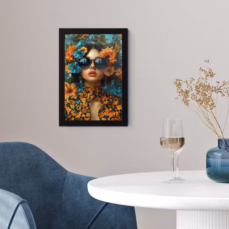 Vrouw - Bloemen - Oranje - Blauw - Modern fotolijst zwart zonder passe partout klein -sfeer4