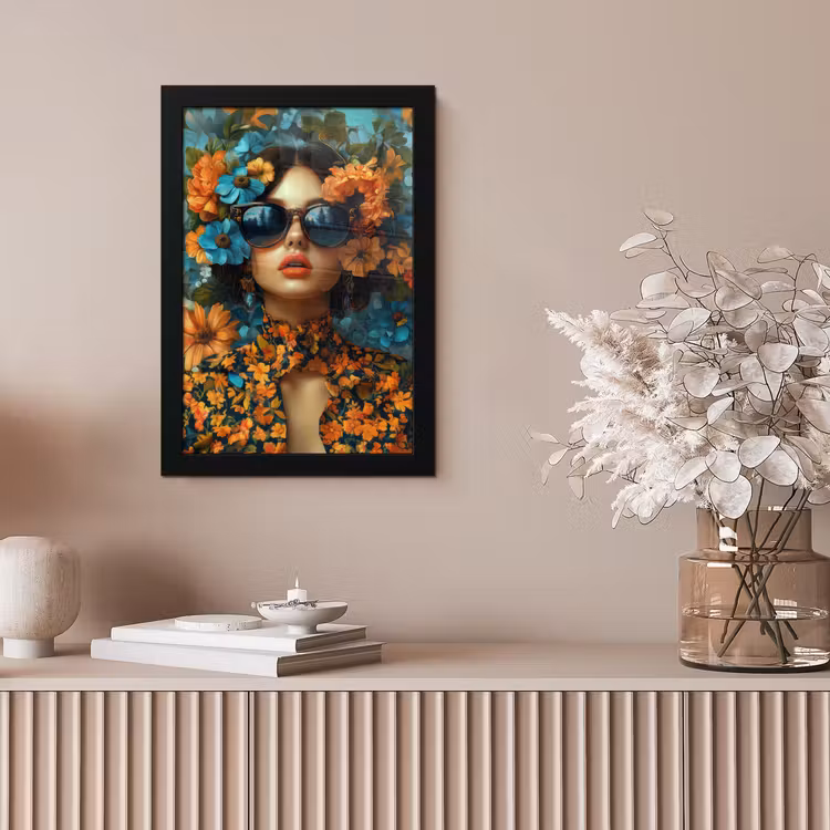 Vrouw - Bloemen - Oranje - Blauw - Modern fotolijst zwart zonder passe partout klein -sfeer5