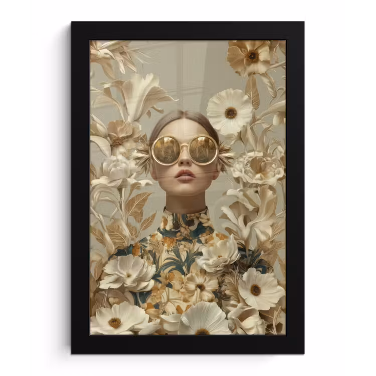 Vrouw - Bloemen - Zonnebril - Wit fotolijst zwart zonder passe partout klein -3d