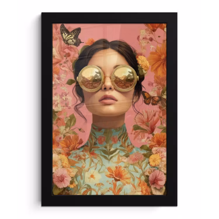 Vrouw - Bril - Roze - Bloemen fotolijst zwart zonder passe partout klein -3d