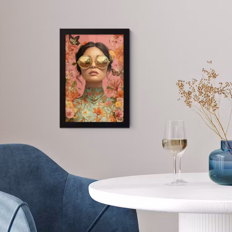 Vrouw - Bril - Roze - Bloemen fotolijst zwart zonder passe partout klein -sfeer4