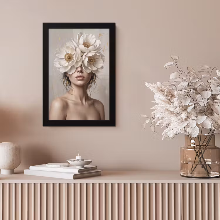 Vrouw - Pioenroos - Wit fotolijst zwart zonder passe partout klein -sfeer5