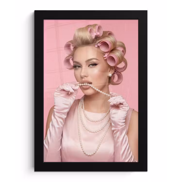 Vrouw - Roze - Parelketting - Krulspelden fotolijst zwart zonder passe partout klein -3d