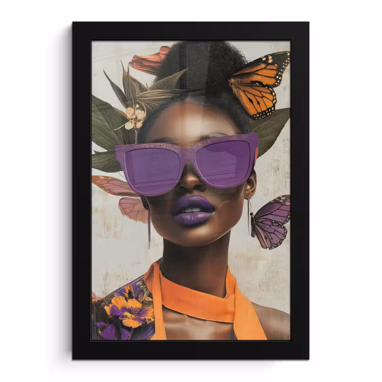 Vrouw - Zonnebril - Vlinder - Bloemen fotolijst zwart zonder passe partout klein -3d