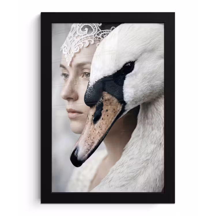 Vrouw - Zwaan - Wit fotolijst zwart zonder passe partout klein -3d