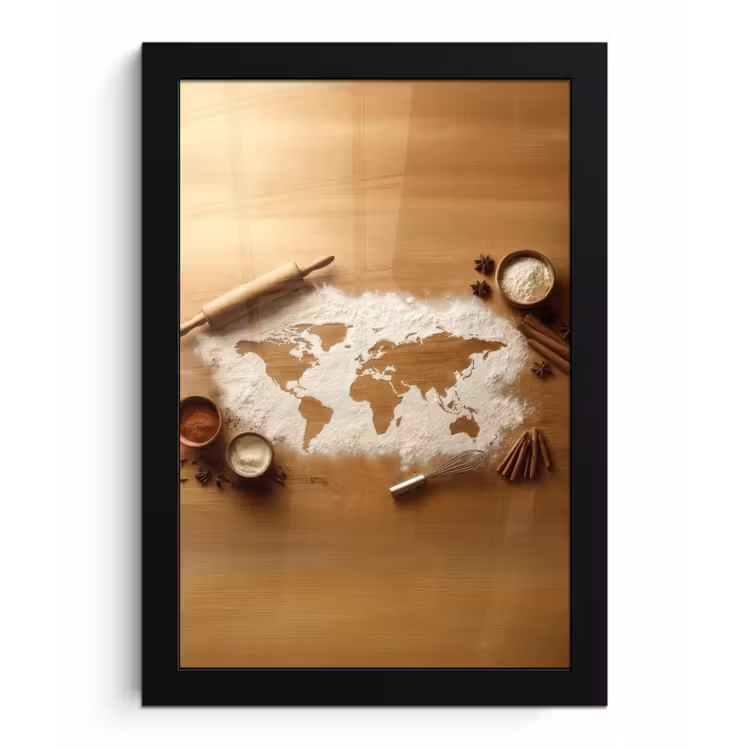Hout - Wereldkaart - Bakken - Keuken fotolijst zwart zonder passe partout klein -3d