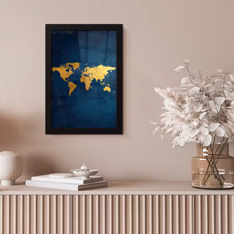 Wereldkaart - Goud - Donkerblauw fotolijst zwart zonder passe partout klein -sfeer5