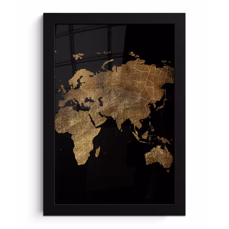 Wereldkaart - Goud - Luxe - Aarde - Zwart fotolijst zwart zonder passe partout klein -3d