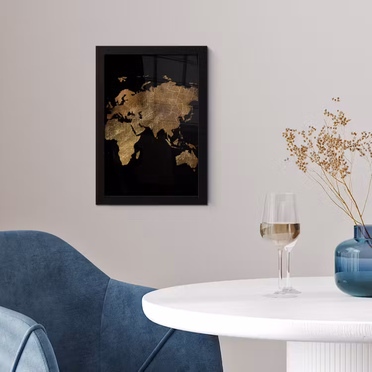 Wereldkaart - Goud - Luxe - Aarde - Zwart fotolijst zwart zonder passe partout klein -sfeer4