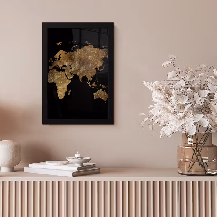 Wereldkaart - Goud - Luxe - Aarde - Zwart fotolijst zwart zonder passe partout klein -sfeer5