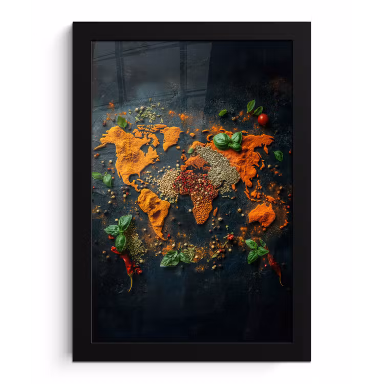 Wereldkaart - Kruiden - Levendige kleuren fotolijst zwart zonder passe partout klein -3d