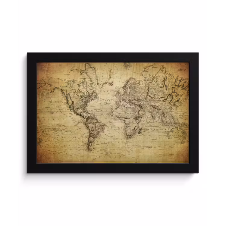 Wereldkaart - Vintage - Antiek - Bruin - Papier fotolijst zwart zonder passe partout klein -3d