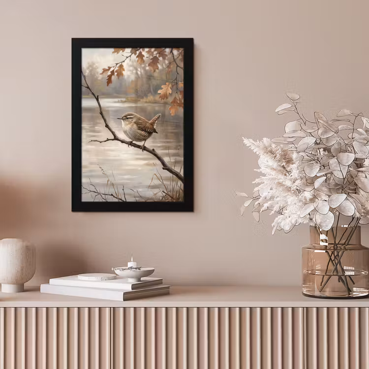 Winterkoninkje - Tak - Rivier - Natuur - Sfeervol fotolijst zwart zonder passe partout klein -sfeer5