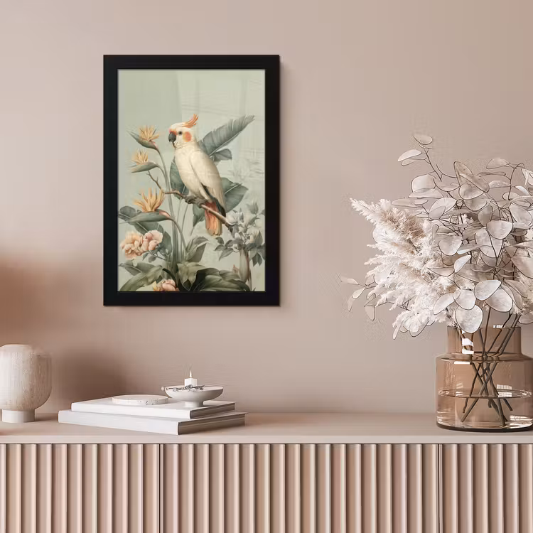 Gele kuifkaketoe - paradijsvogelbloemen - Groen fotolijst zwart zonder passe partout klein -sfeer5