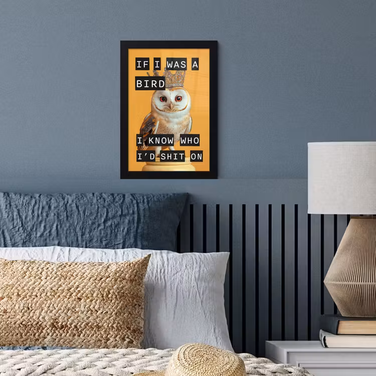 Geel - Uil - Vogel - Decoratie fotolijst zwart zonder passe partout klein -sfeer3