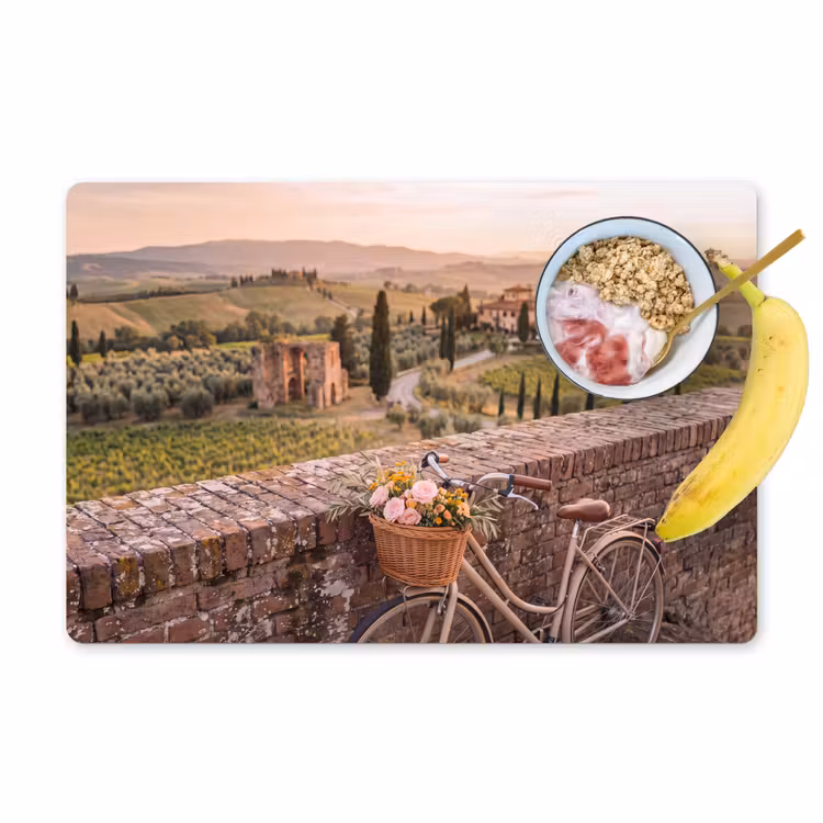 Fiets - Bloemen - Toscane - Landschap - Roze Placemat vinyl groot -zzzproduct_Kitchenyeah-website