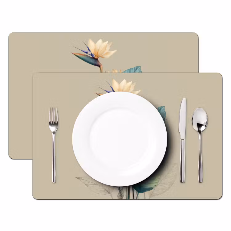 Paradijsvogelbloemen - Blauwgroene bladeren - Beige Placemat vinyl groot -zzsfeer2_Kitchenyeah-website
