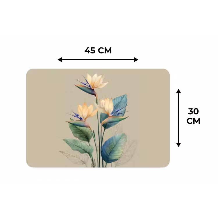Paradijsvogelbloemen - Blauwgroene bladeren - Beige Placemat vinyl groot -specs