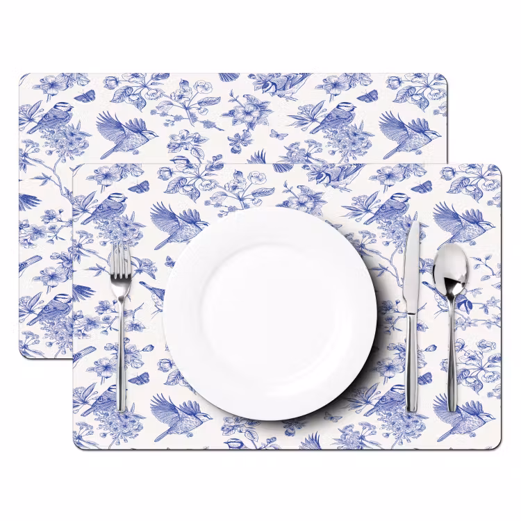 Birds - Flowers - Blue Placemat vinyl groot 368 -zzsfeer2_Kitchenyeah-website