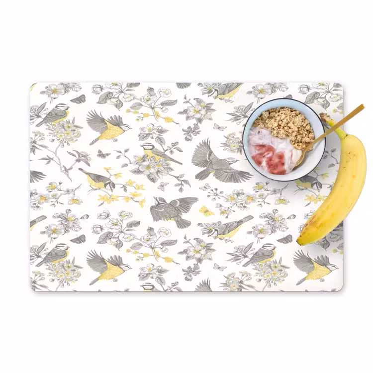 Birds - Flowers - Gray - Yellow Placemat vinyl groot 368 -zzzproduct_Kitchenyeah-website