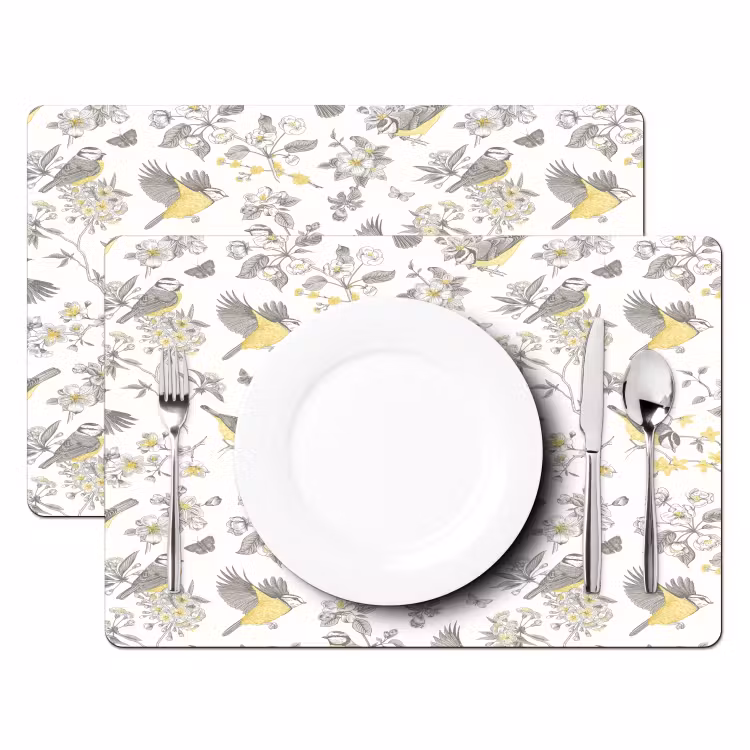 Birds - Flowers - Gray - Yellow Placemat vinyl groot 368 -zzsfeer2_Kitchenyeah-website