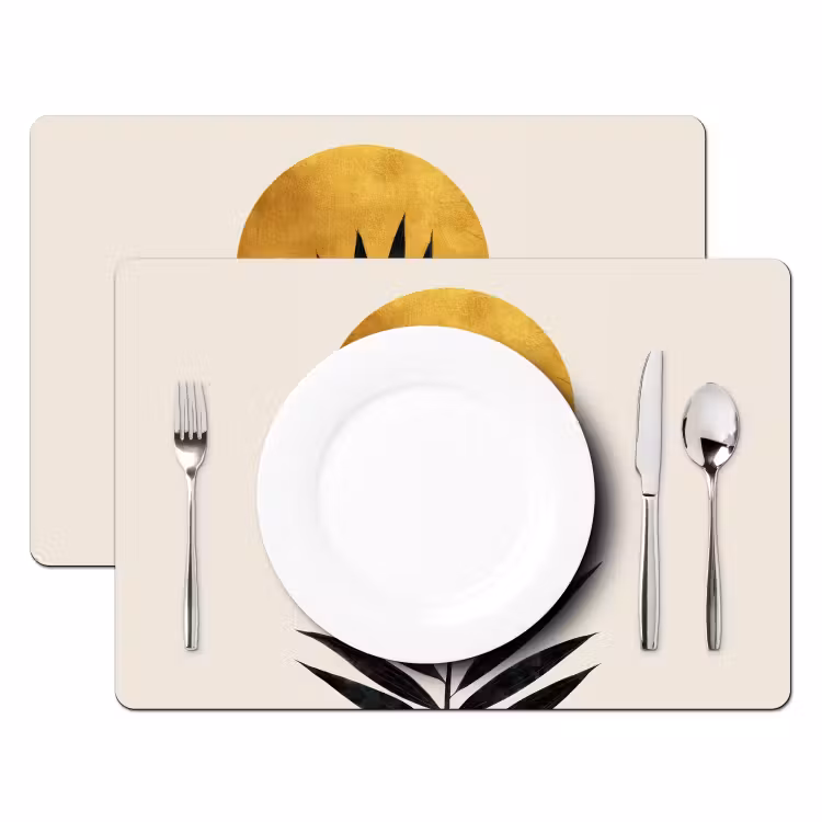 Zwart palmblad - Gouden cirkel - Beige achtergrond Placemat vinyl groot -zzsfeer2_Kitchenyeah-website